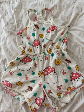 Mushroom Print Girls Romper - Cream, Red, Yellow, Teal